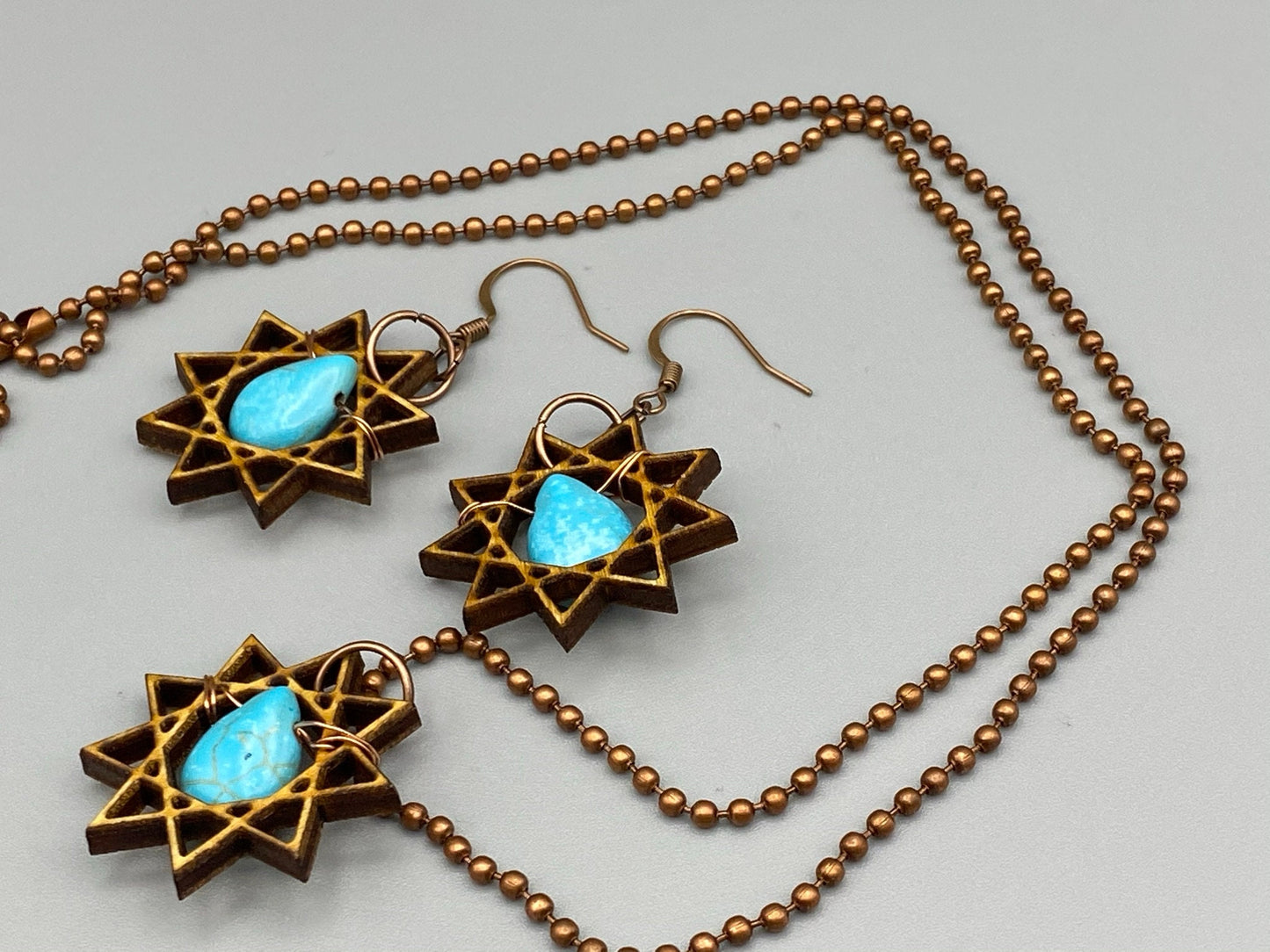 Nine Pointed Star Necklace And Earring Set With Turquoise Beads