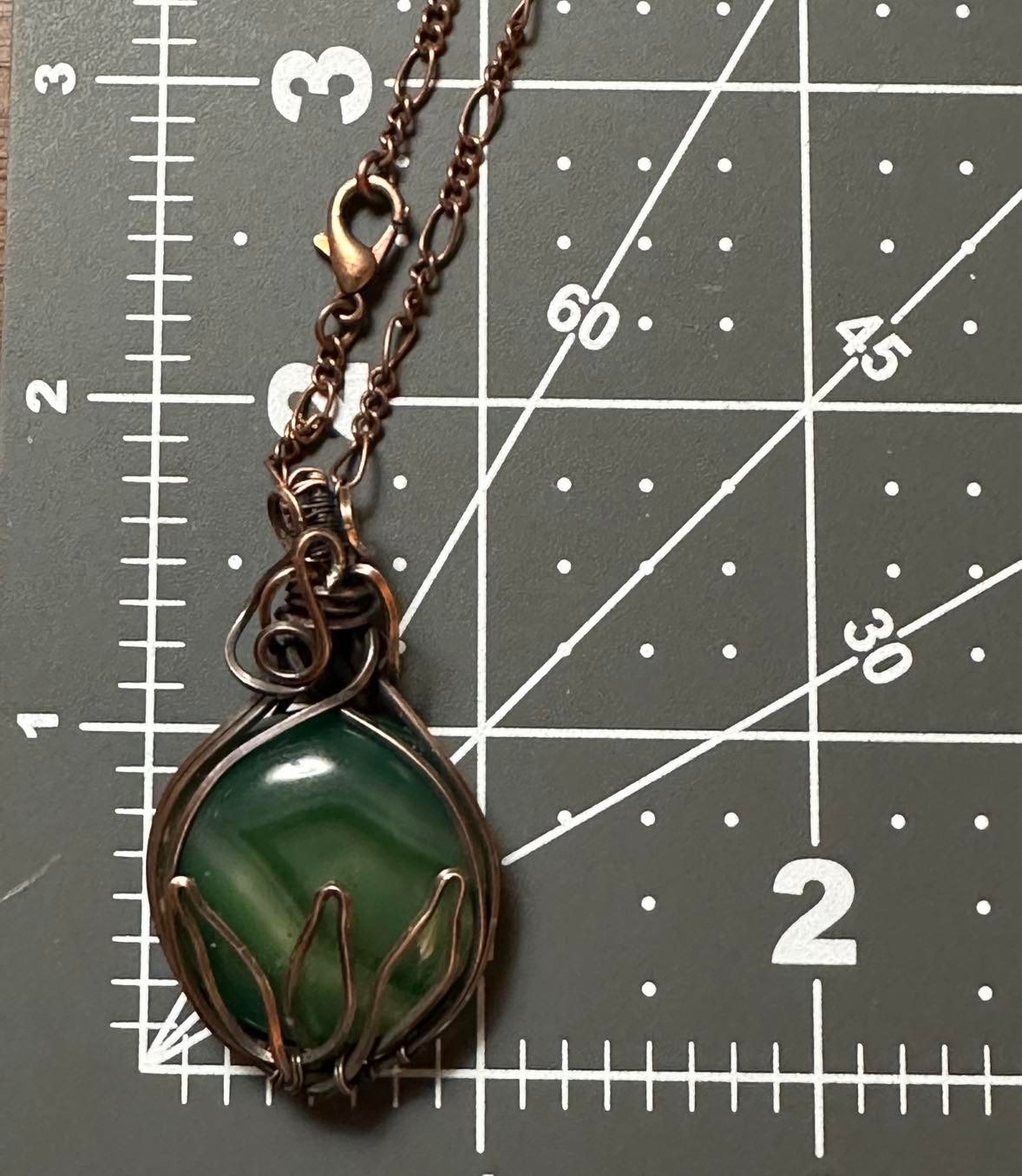 Round Green Veins Agate With Lotus Design Handmade Wire Wrapped Pendant